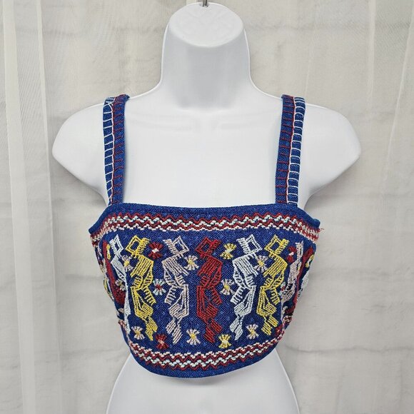 Forever 21 Blue Red Embroidered Boho Cropped Tank Top Festival Hippie S - Picture 10 of 10